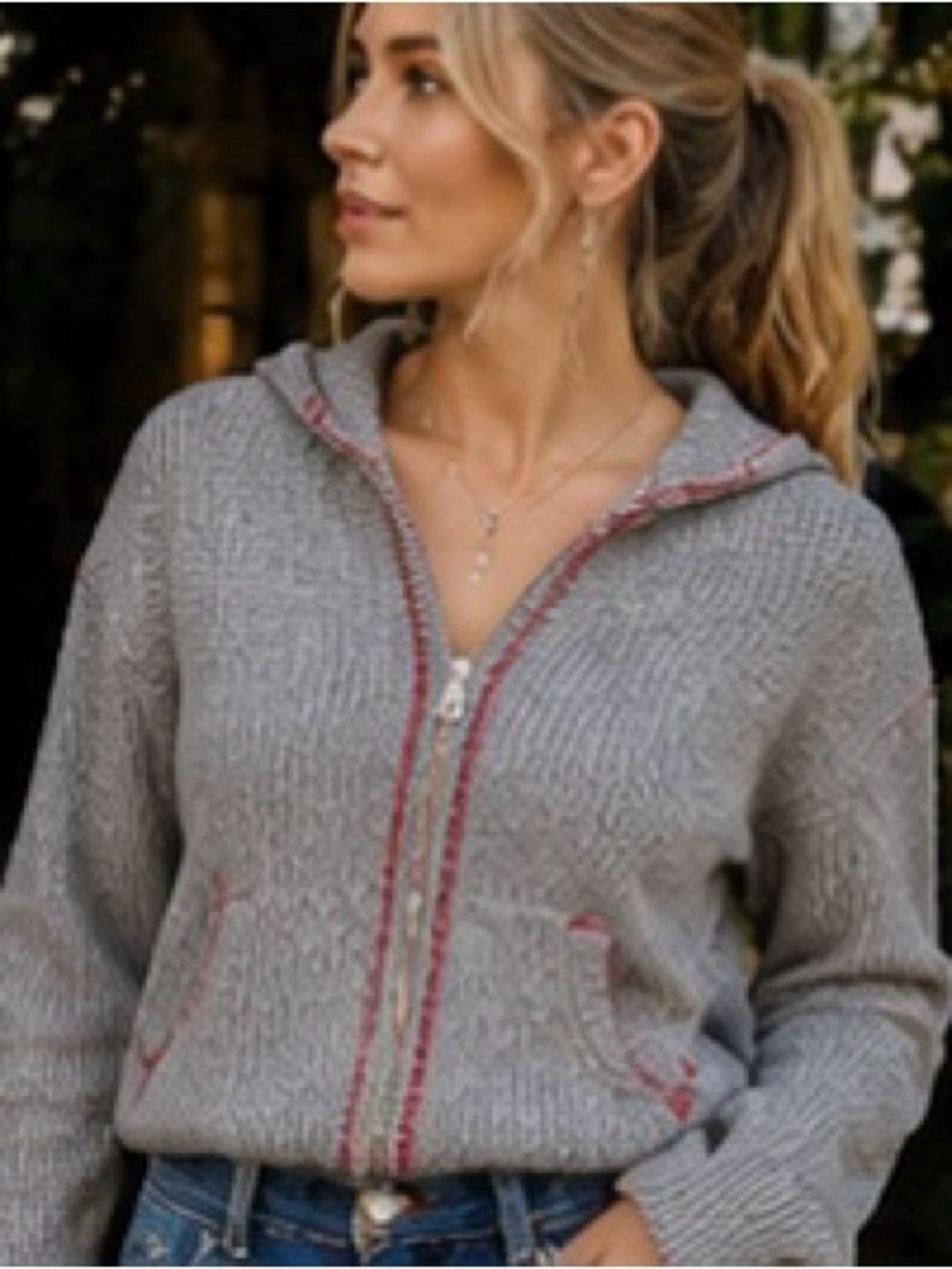 ❤️MAKE OFFER❤️ Curio Gray Knit Zip Hoodie Jacket with Red Contrast Trim Size Med